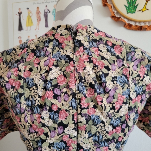 Vintage Black + Multicolor Floral Tea Length Dress - Picture 5 of 6